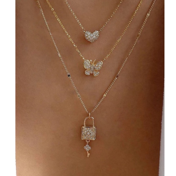 Luxe Rhinestone Lock Key Heart Multilayer Necklace - Picture 1 of 7